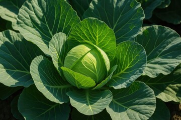 Obraz premium Fresh young cabbage thriving in the open field with vibrant green leaves basking in sunlight