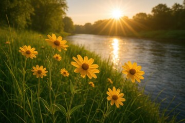 Sunlit yellow wildflowers blooming near a riverbank