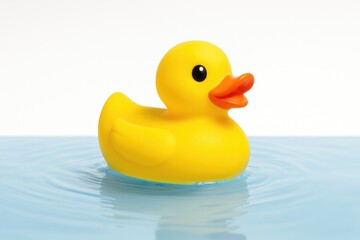Bright yellow rubber duck on plain white backdrop
