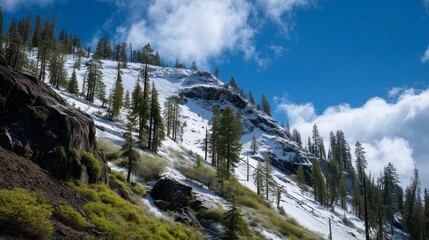 **Snow on mountain with greenery themes like trees, forested mountain slope with alternating green conifers and snow-covered rocky outcrops