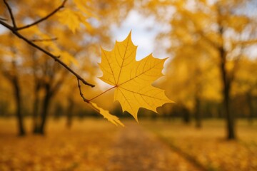 Obraz premium Golden maple leaf resting on a tree branch in an autumn setting