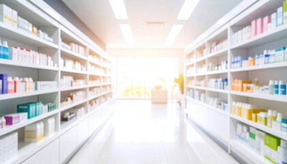 Enhancing customer experience in abstract commercial pharmacy space with glowing shelves and pastel packaging