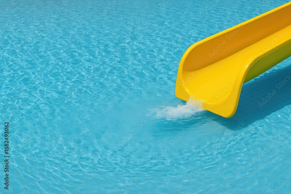 Poster colorful water slide in a sparkling pool with open space for text