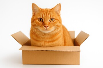 Close-up of a yellow ginger cat inside a box, isolated pet image