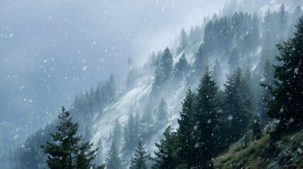 **Snow on mountain with greenery themes like trees, slow-falling snowflakes over forest-covered mountain slopes with rich green pine density