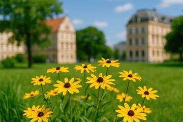 Close-up of yellow blossoms with a cityscape blur in the background