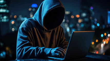 Anonymous hooded figure with laptop in dark urban night setting - digital concept
