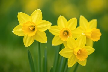 Naklejka premium Close-up of vibrant yellow daffodils with a soft-focused backdrop