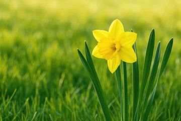 Fototapeta premium Bright yellow daffodils with lush green foliage during spring season