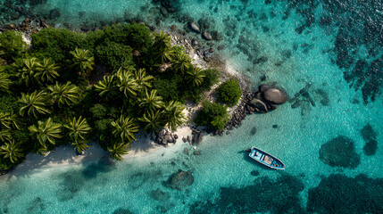 Tropical island paradise aerial view boat on clear water palm trees white sand beach