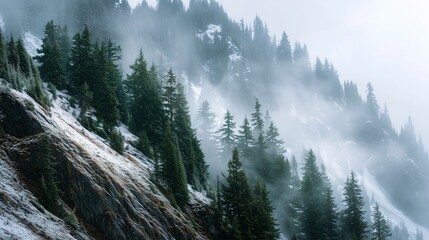 **Snow on mountain with greenery themes like trees, steep mountainside with green conifers poking through fresh untouched snowbanks