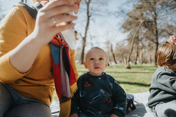A family shares a meaningful moment outdoors, with children sitting on a picnic blanket, surrounded...