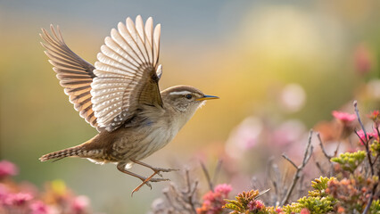 Wren Flying with Spread Wings and Colorful Blurred Background