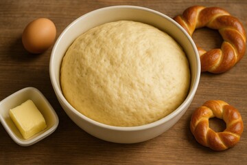 Fototapeta premium Homemade yeast dough prepared in a mixing bowl