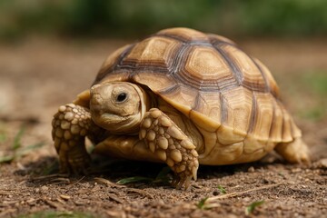 Obraz premium Close-up of a young African spurred tortoise relaxing in a garden, enjoying a slow-paced day under the sun, showcasing its protective shell
