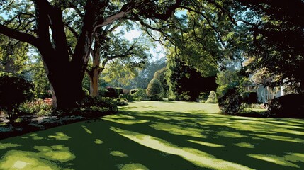 Obraz premium Lush green garden with tall trees creating dappled sunlight and tranquil shadows.
