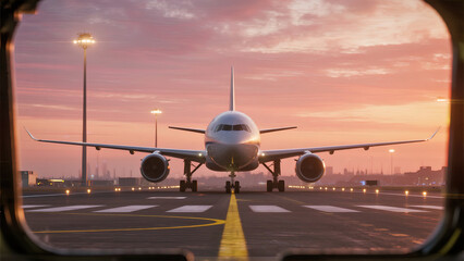 airplane landing at sunset