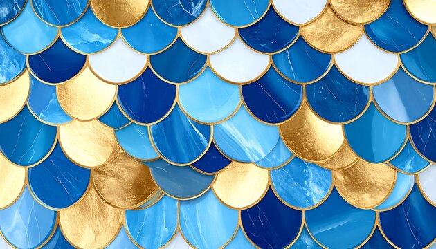 Abstract background of overlapping, circular, fish-scale patterns in gold and blue
