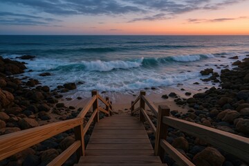 Fototapeta premium A wooden staircase descends to a rugged shoreline as evening waves collide with the coast.