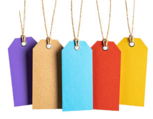 Colorful hanging offer tags isolated on transparent background