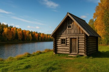 Cozy wooden cabin nestled in a autumn forest setting