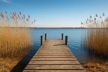Naklejka premium Serene lakeside scene with a wooden fishing dock, dry grasses, and vibrant blue waters