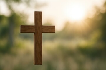 Wooden Cross Against a Soft Nature Scene for Religious Wallpaper
