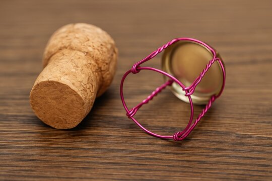 Luxury sparkling wine accessories featuring wooden corks, wire cages, and pink wire details