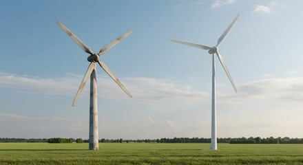 Fototapeta premium Two wind turbines stand tall in a green field under a blue sky.