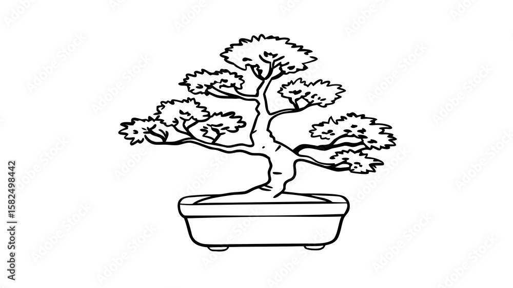 Aufkleber a black and white line drawing of a bonsai tree in a pot with a white background isolated created wi