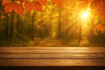 Autumn foliage and wooden planks illuminated by sunlight
