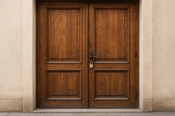 Vintage wooden door for storefront entrance with locked mechanism in a residential setting