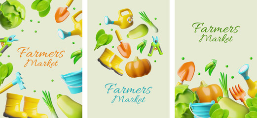 Farmers market shopping 3D plastic style vector poster design set, ripe vegetables and greenery, gardening tools farming