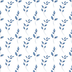 Seamless pattern with watercolor leaves navy blue, repeat floral texture, indigo background hand drawing. Perfectly for wrapping paper, wallpaper, fabric, texture and other printing.