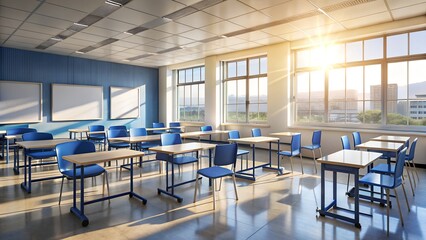 Bright modern classroom filled with sunlight and desks