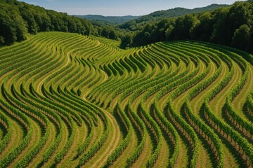 Stunning aerial view of rolling vineyard terraces in a scenic European region