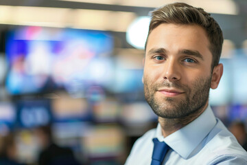 Obraz premium Generative AI Image of Male TV Host Conducting Live Broadcast in News Studio