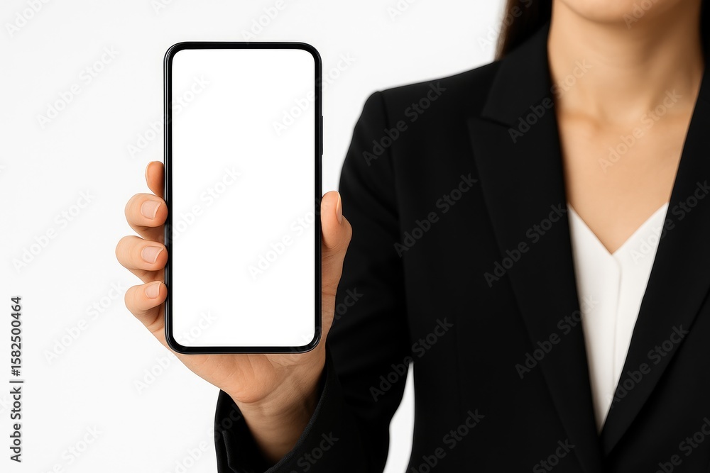 Aufkleber female hand grasping mobile device with an empty display against a plain white backdrop