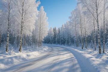 Obraz premium Snowy forest pathway lined with birch trees on a bright winter day