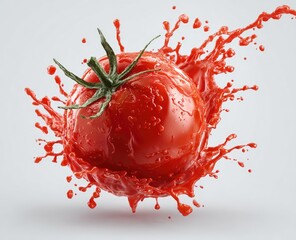 A ripe red tomato suspended in mid-air, surrounded by a dynamic splash of its own juice, against a muted gray background.  The vibrant red contrasts sharply with the subtle gray