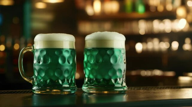Two green mugs of beer on a bar. One is full and the other is half full