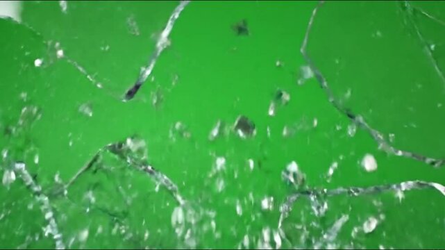 Shattered glass flying towards the camera against the green screen background