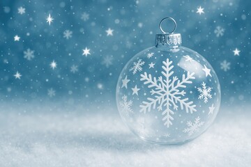 Festive winter scene featuring snowfall, shimmering stars, and holiday decorations