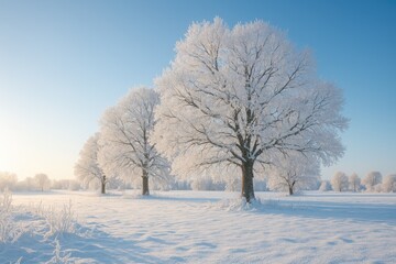 Chilly Morning Scene with Frosted Oak Trees in Winter