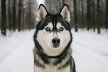 Winter Husky Portrait During a Park Stroll, Stunning Canine in Natural Setting, Bond of Friendship. Pet. Dog or Wolf