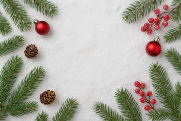 Festive winter scene featuring lush greenery and holiday ornaments