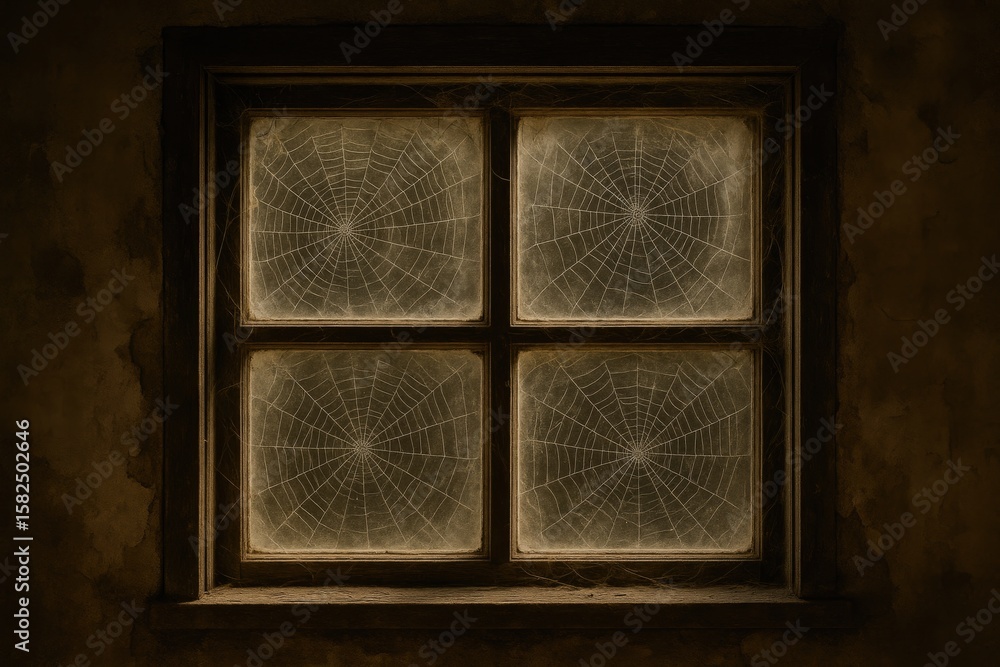 Poster empty window featuring a spiderweb in a deserted structure