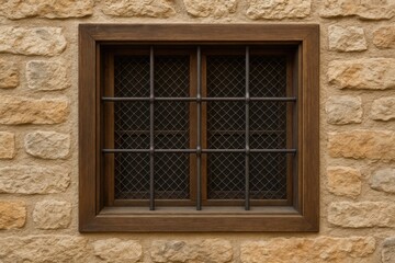 Fototapeta premium Metal mesh window mounted on a stone wall with grill design