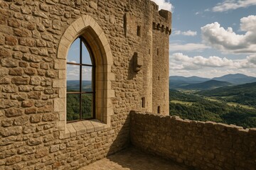 Medieval fortress with stone walls and windows, related to construction and tourism
