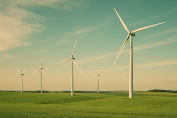 Eco-friendly wind turbine agriculture in a lush landscape with vintage style